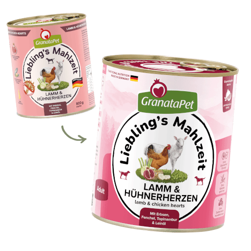 GranataPet Hund - Nassfutter Liebling´s Mahlzeit Lamm & Hühnerherzen 800 g - Umstellung