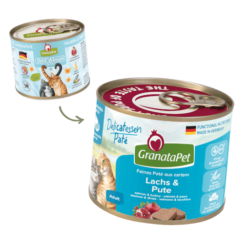 GranataPet Katze - Nassfutter DeliCATessen Lachs & Pute 200 g - Umstellung