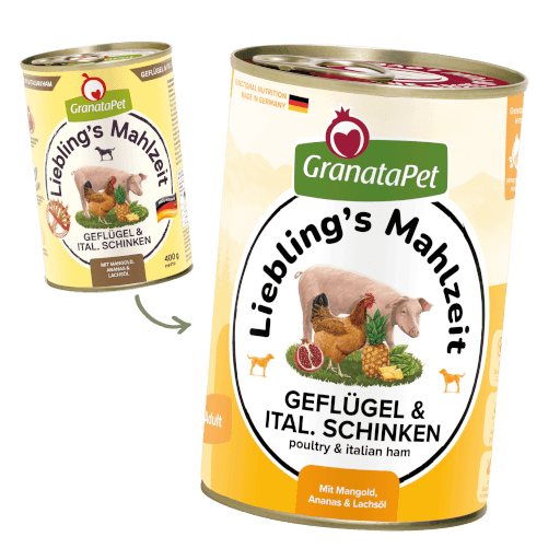 GranataPet Hund - Nassfutter Liebling´s Mahlzeit Geflügel & italienischer Schinken 400 g - Umstellung